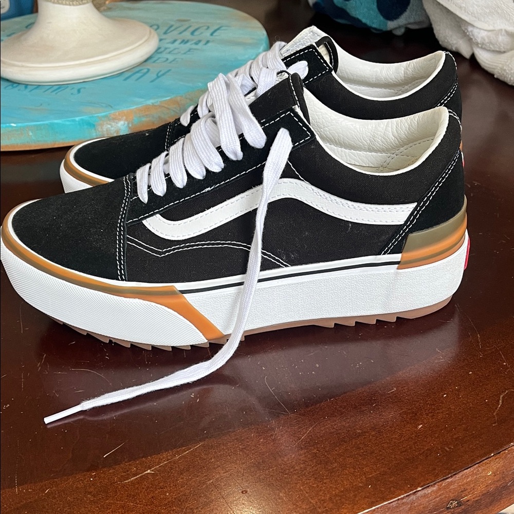 Vans Black and White Sneakers with Tan Accents
